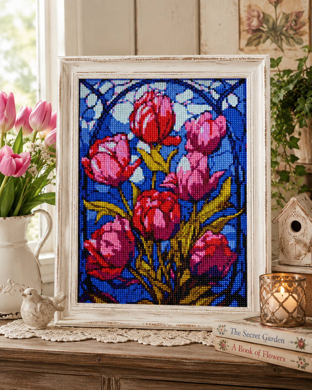Completed Diamond Art Tulips Floral Mosaic Wall Art Pink Red Flowers 12x16
